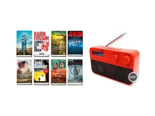 3 bøker og rød DAB-radio gratis
