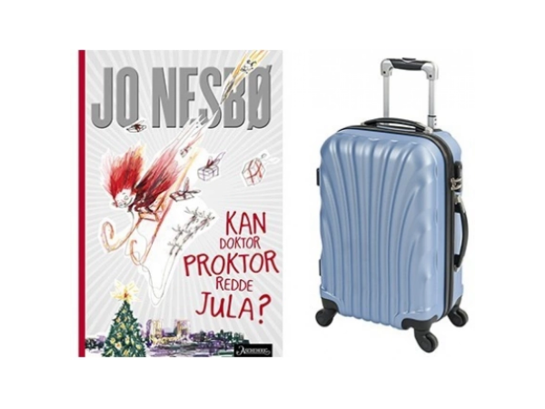 Barnebok og lyseblå reisekoffert