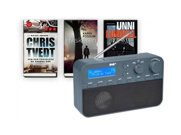 Blå DAB-radio og krimbokpakke