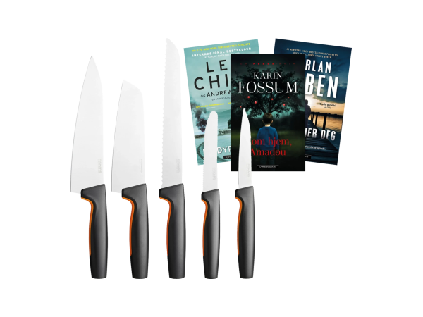 Fiskars knivsett og 3 krimbøker
