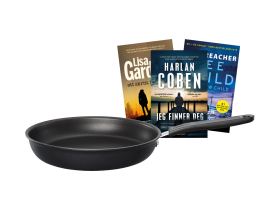 Fiskars stekepanne og 3 krimbøker