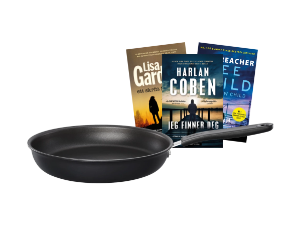 Fiskars stekepanne og 3 krimbøker